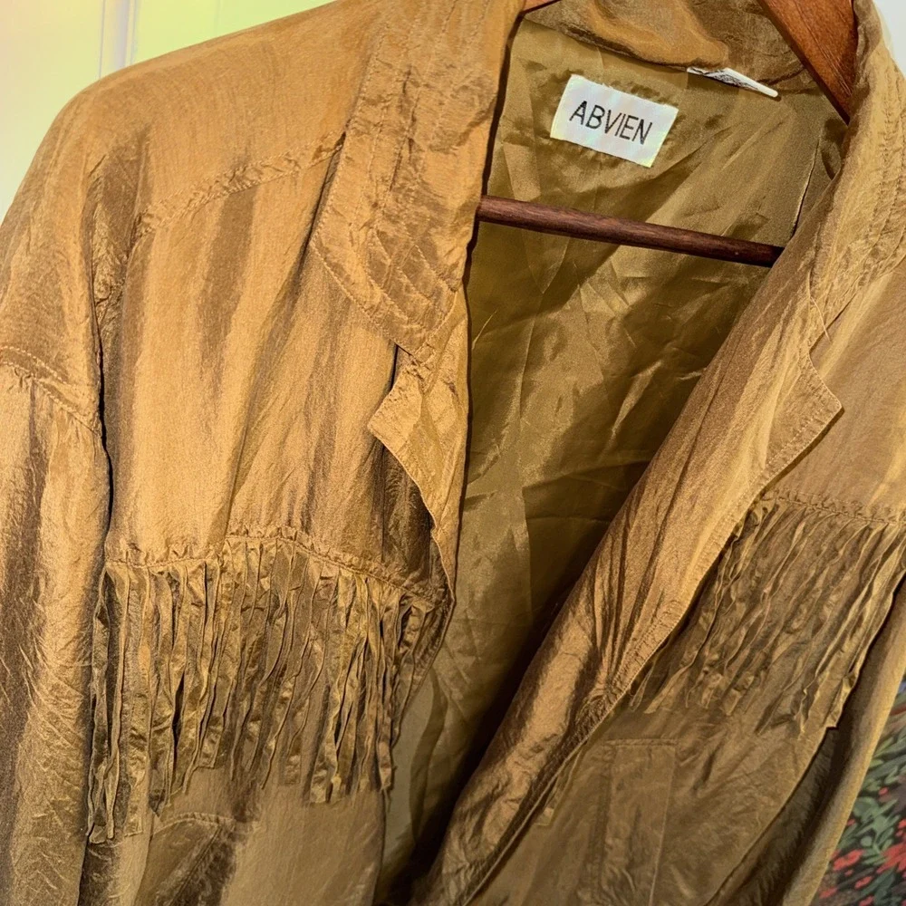 Abvien Women's 100% Silk Fringe Jacket Vintage Large Mustard‎ Brown Button Up